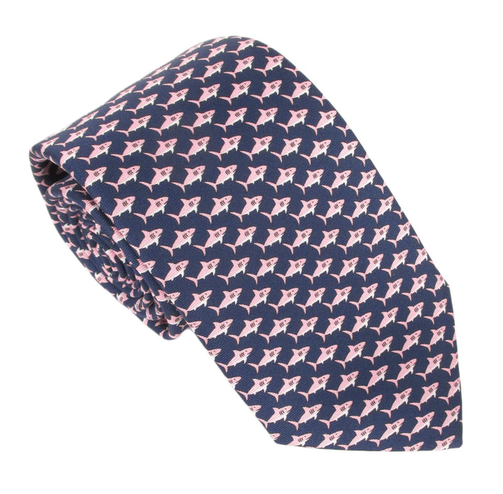 Italian Printed Silk Navy &amp; Pink Shark Tie