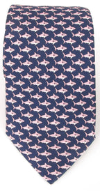 Italian Printed Silk Navy & Pink Shark Tie