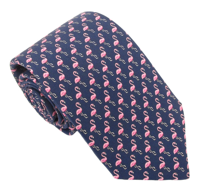 Italian Printed Silk Navy &amp; Pink Flamingo Tie