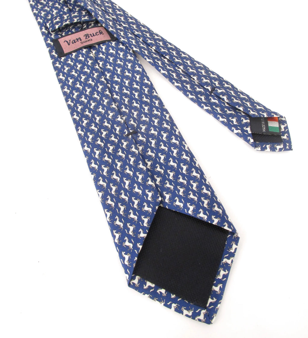 Italian Printed Silk Navy Horse Tie