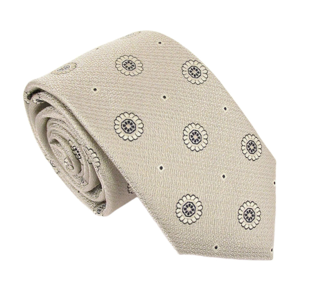 Floral Medallion Linen Weave Silk Tie - Ivory