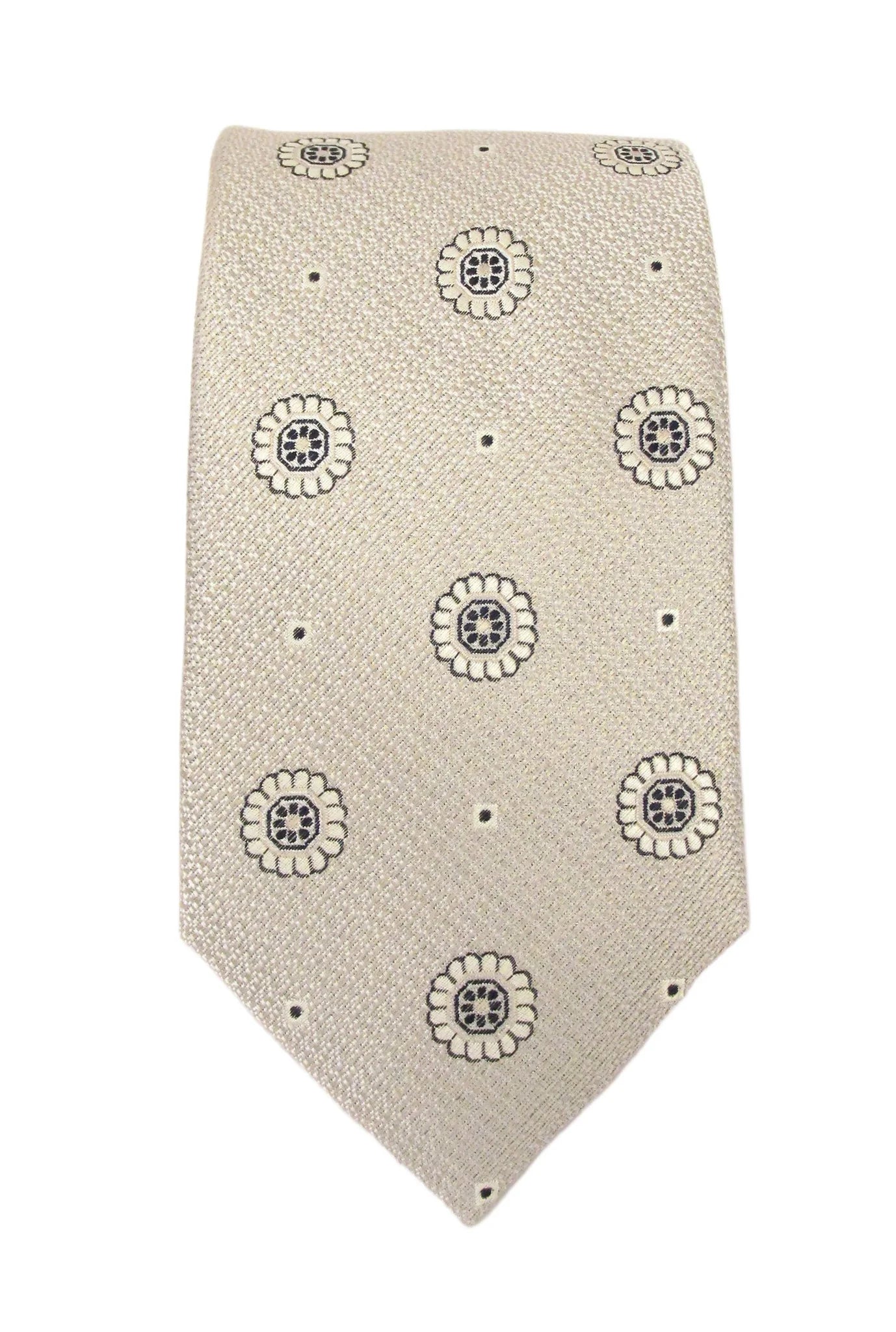 Floral Medallion Linen Weave Silk Tie - Ivory