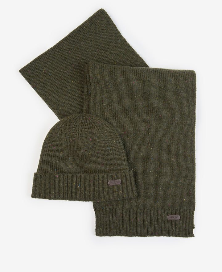 Barbour Carlton Fleck Beanie &amp; Scarf Gift Set - Olive