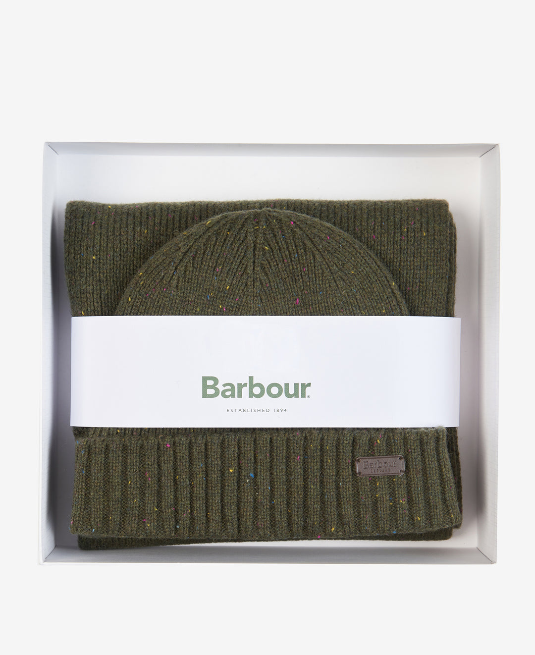 Barbour Carlton Fleck Beanie &amp; Scarf Gift Set - Olive