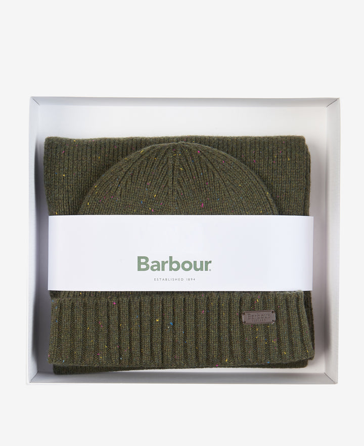 Barbour Carlton Fleck Beanie &amp; Scarf Gift Set - Olive