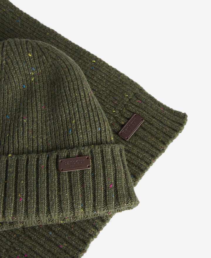 Barbour Carlton Fleck Beanie &amp; Scarf Gift Set - Olive