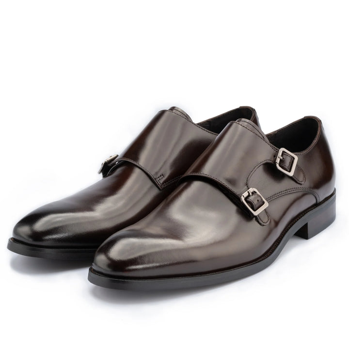 John White Double Buckle Monkstrap Shoes in Brown Leather