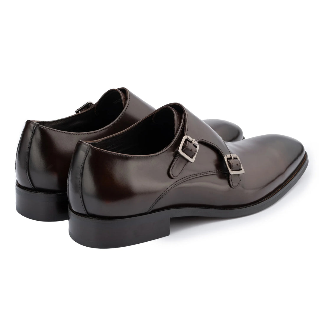 John White Double Buckle Monkstrap Shoes in Brown Leather