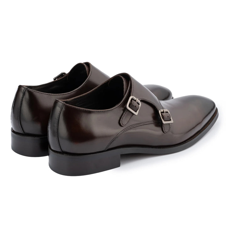 John White Double Buckle Monkstrap Shoes in Brown Leather