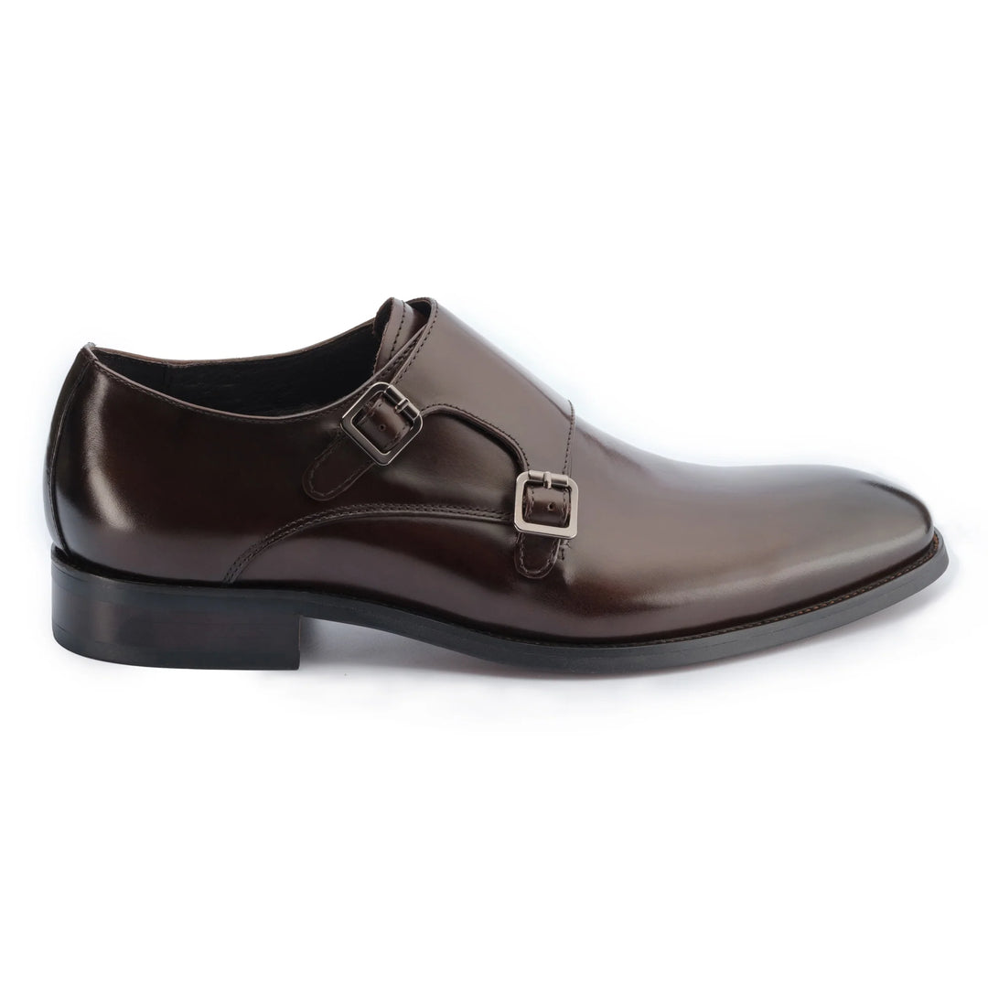 John White Double Buckle Monkstrap Shoes in Brown Leather