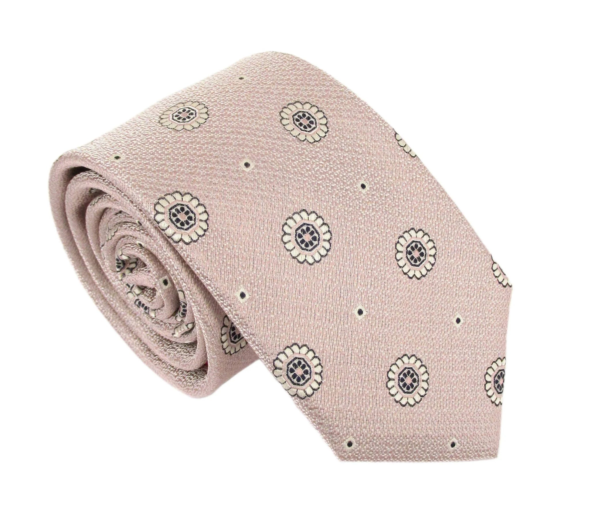 Floral Medallion Linen Weave Silk Tie -Pink