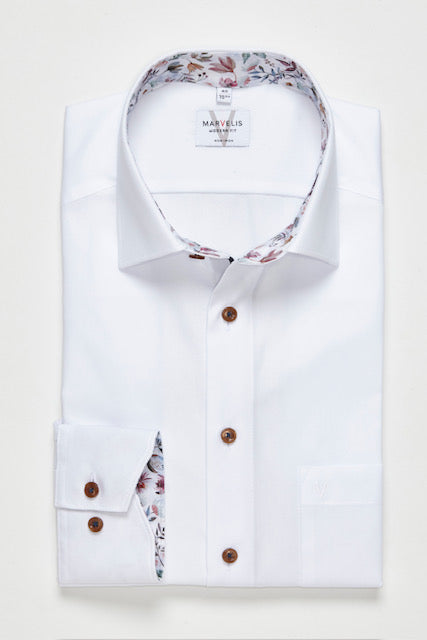 Marvelis Modern Fit Plain Shirt with Printed Trim - White
