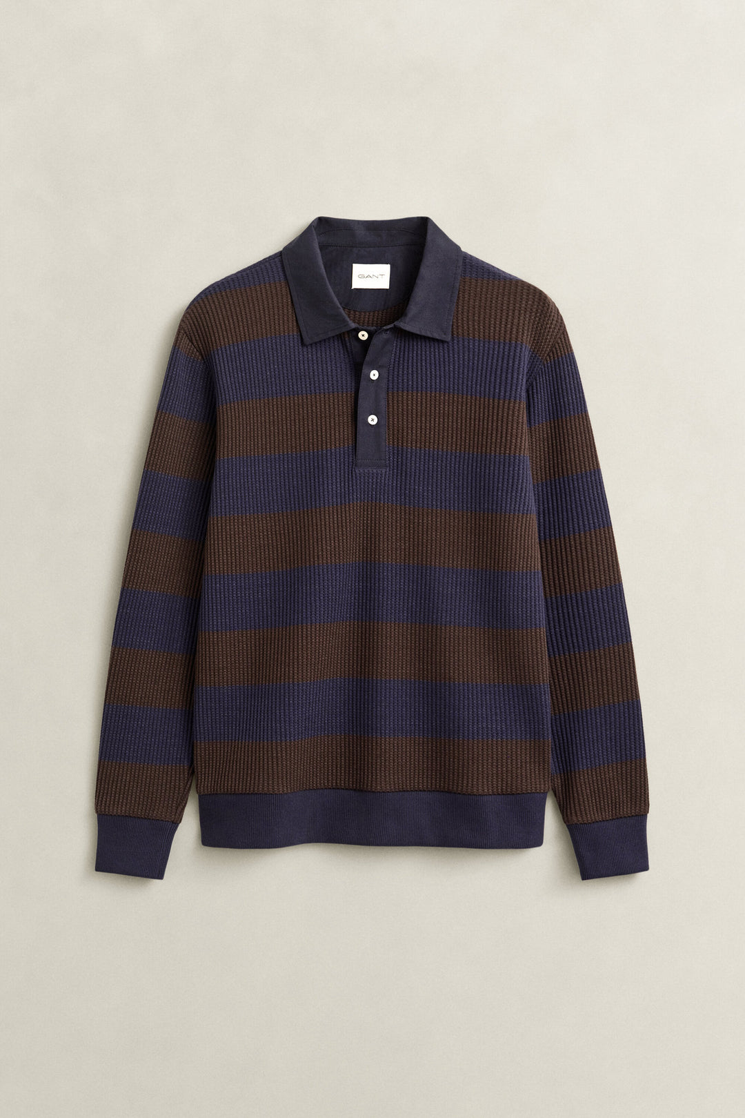 GANT Striped Waffle Long Sleeve Polo Shirt - Black Brown