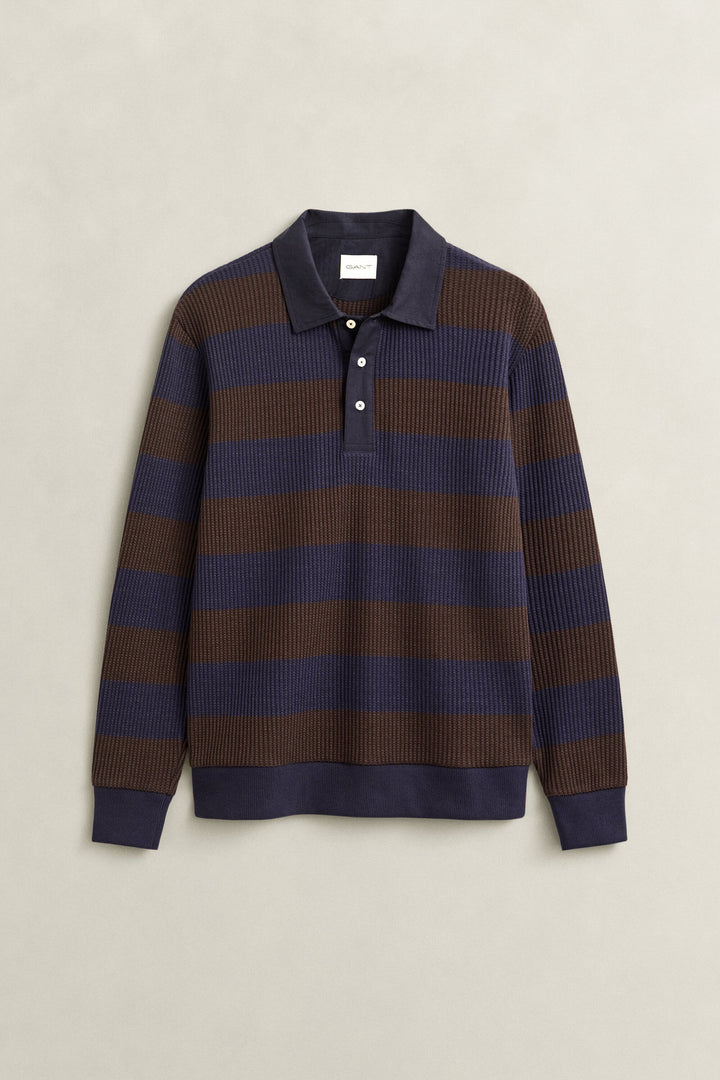 GANT Striped Waffle Long Sleeve Polo Shirt - Black Brown