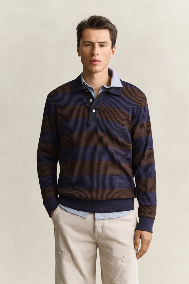 GANT Striped Waffle Long Sleeve Polo Shirt - Black Brown
