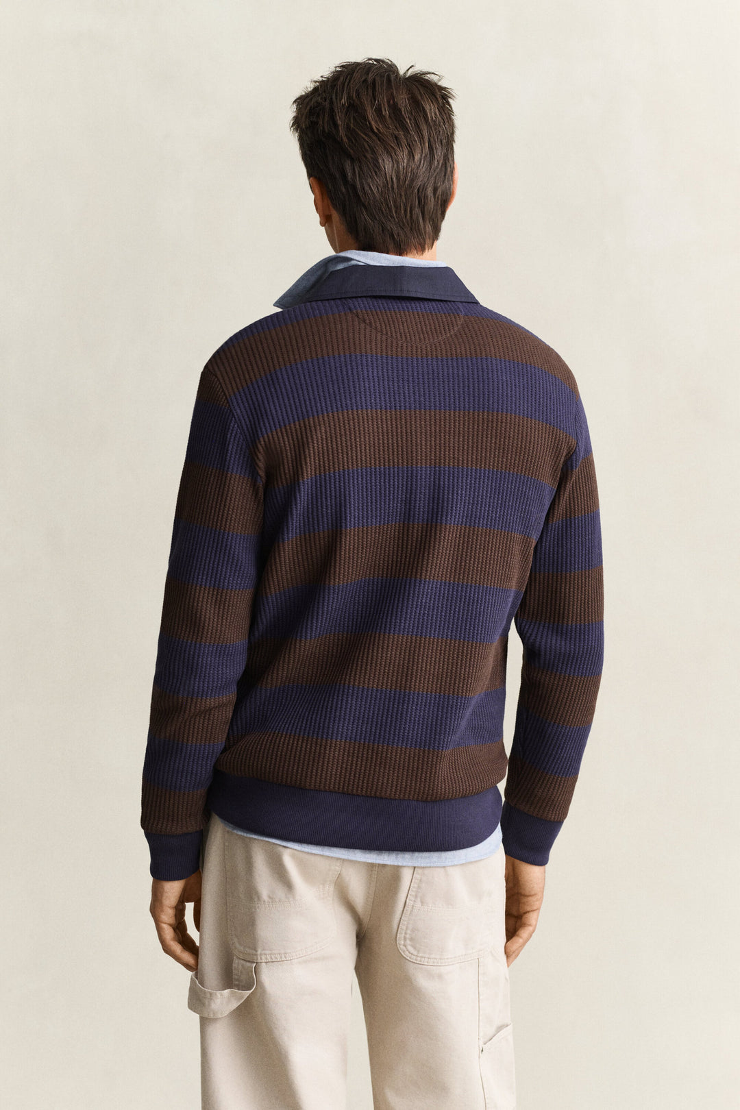 GANT Striped Waffle Long Sleeve Polo Shirt - Black Brown