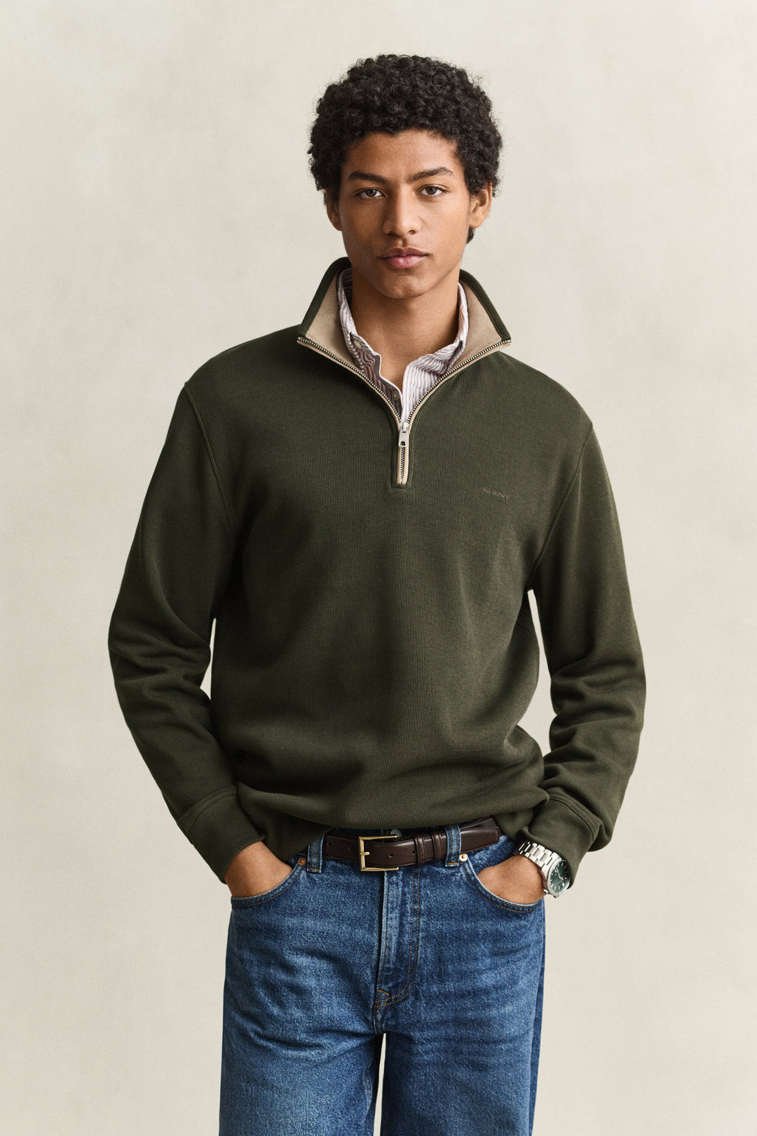 GANT Sacker Rib Half Zip Jumper - Dark Moss Green