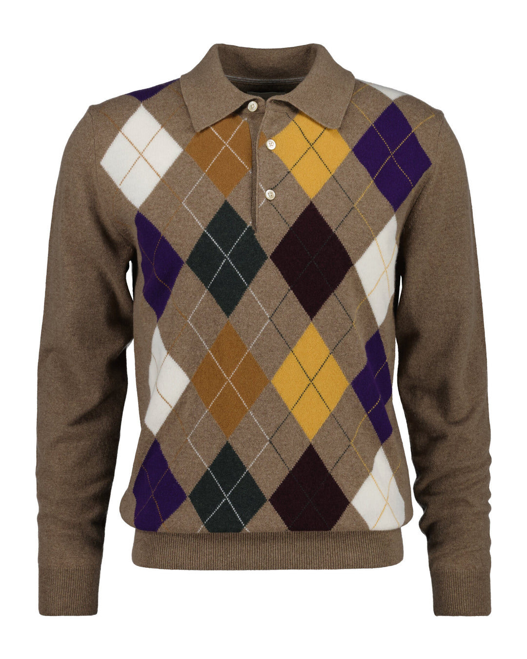 GANT Superfine Lambswool Argyle Polo - Light Brown Melange