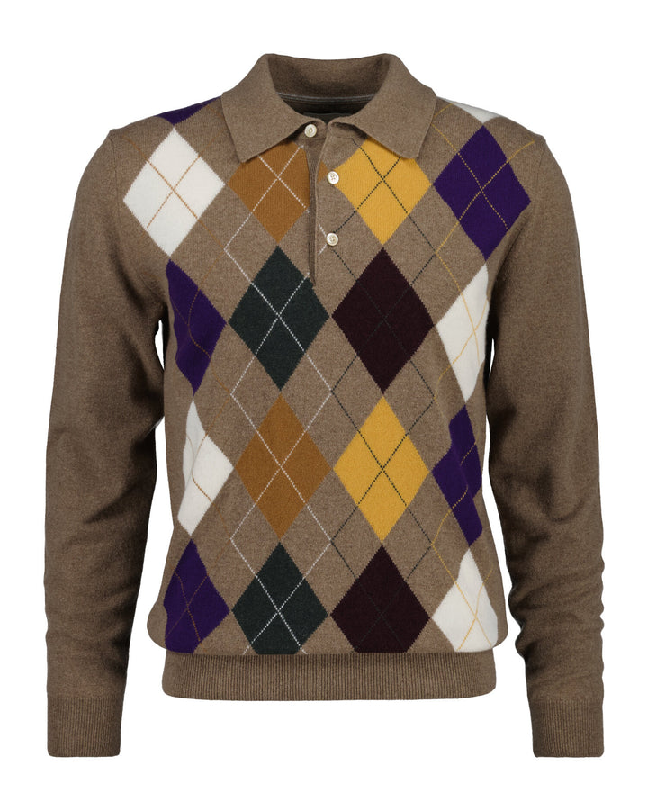 GANT Superfine Lambswool Argyle Polo - Light Brown Melange