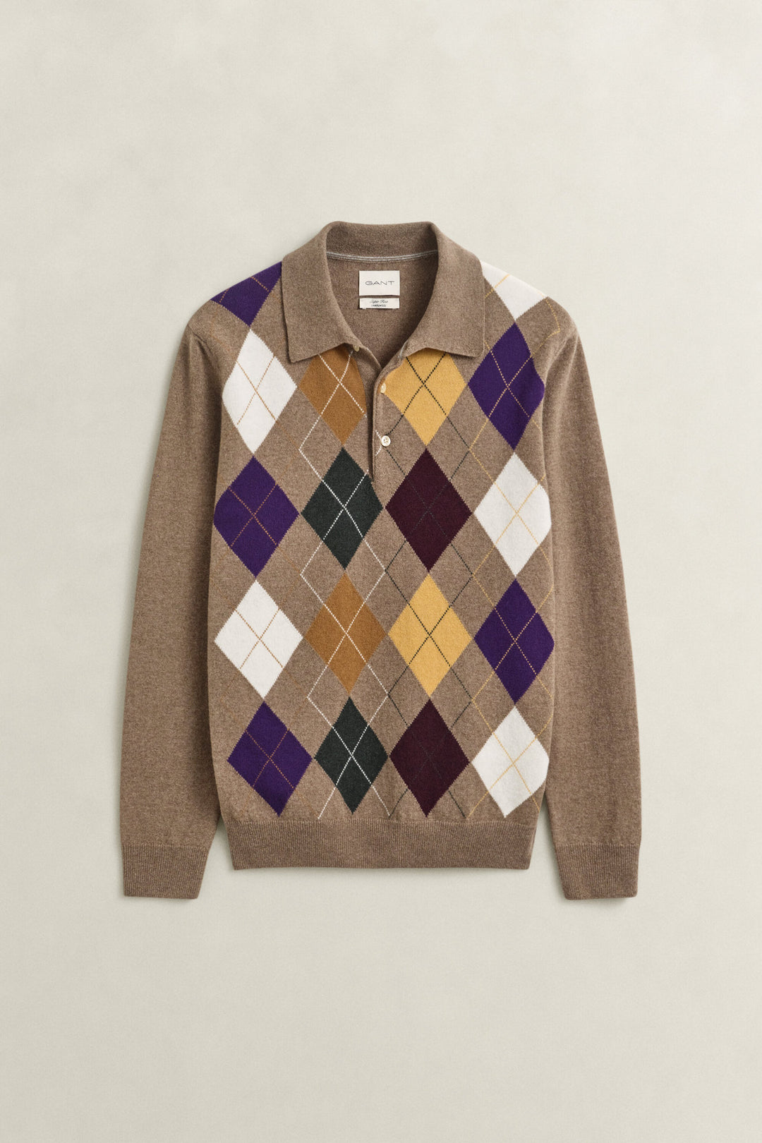 GANT Superfine Lambswool Argyle Polo - Light Brown Melange