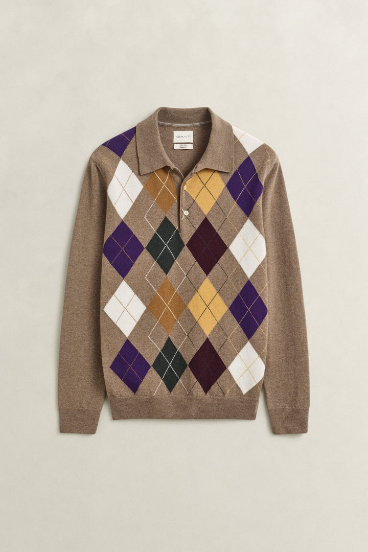 GANT Superfine Lambswool Argyle Polo - Light Brown Melange