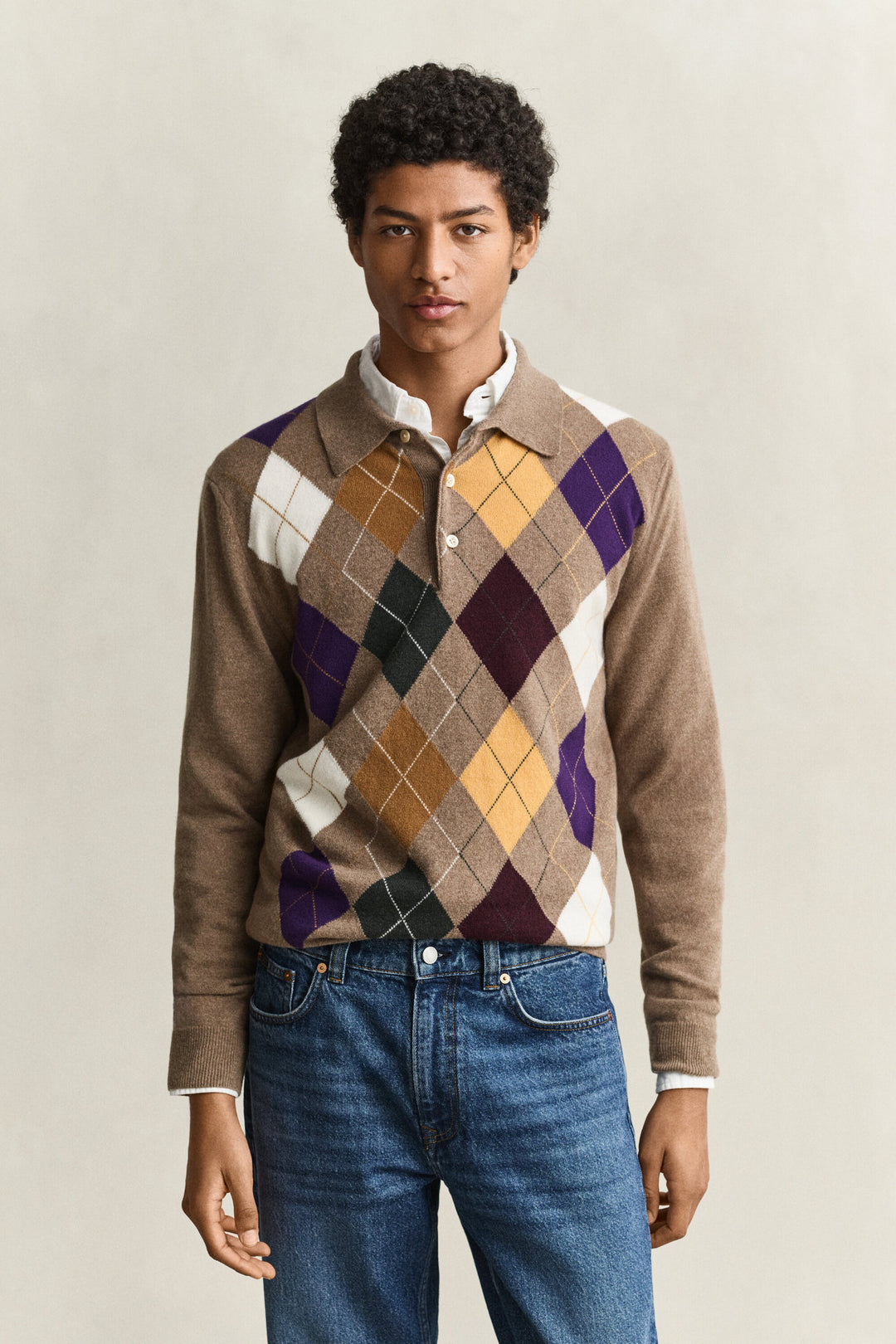 GANT Superfine Lambswool Argyle Polo - Light Brown Melange
