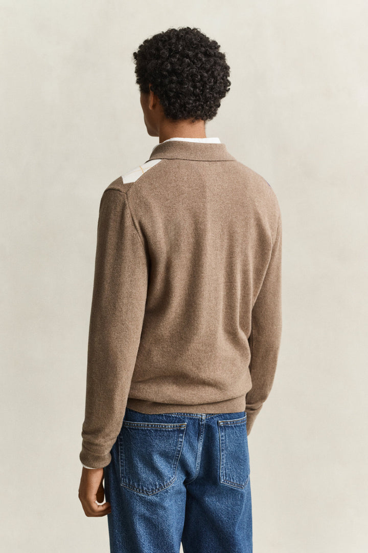 GANT Superfine Lambswool Argyle Polo - Light Brown Melange
