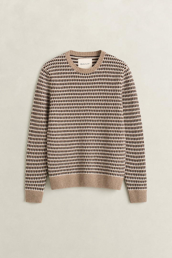 GANT Textured 3 Tone Wool Blend Crew Neck Jumper - Dark Sand Melange