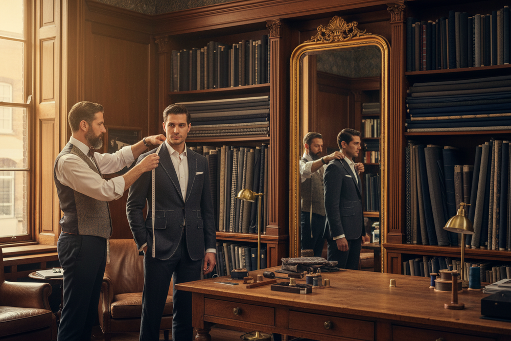 man being measured for a suit in a traditional tailors shop